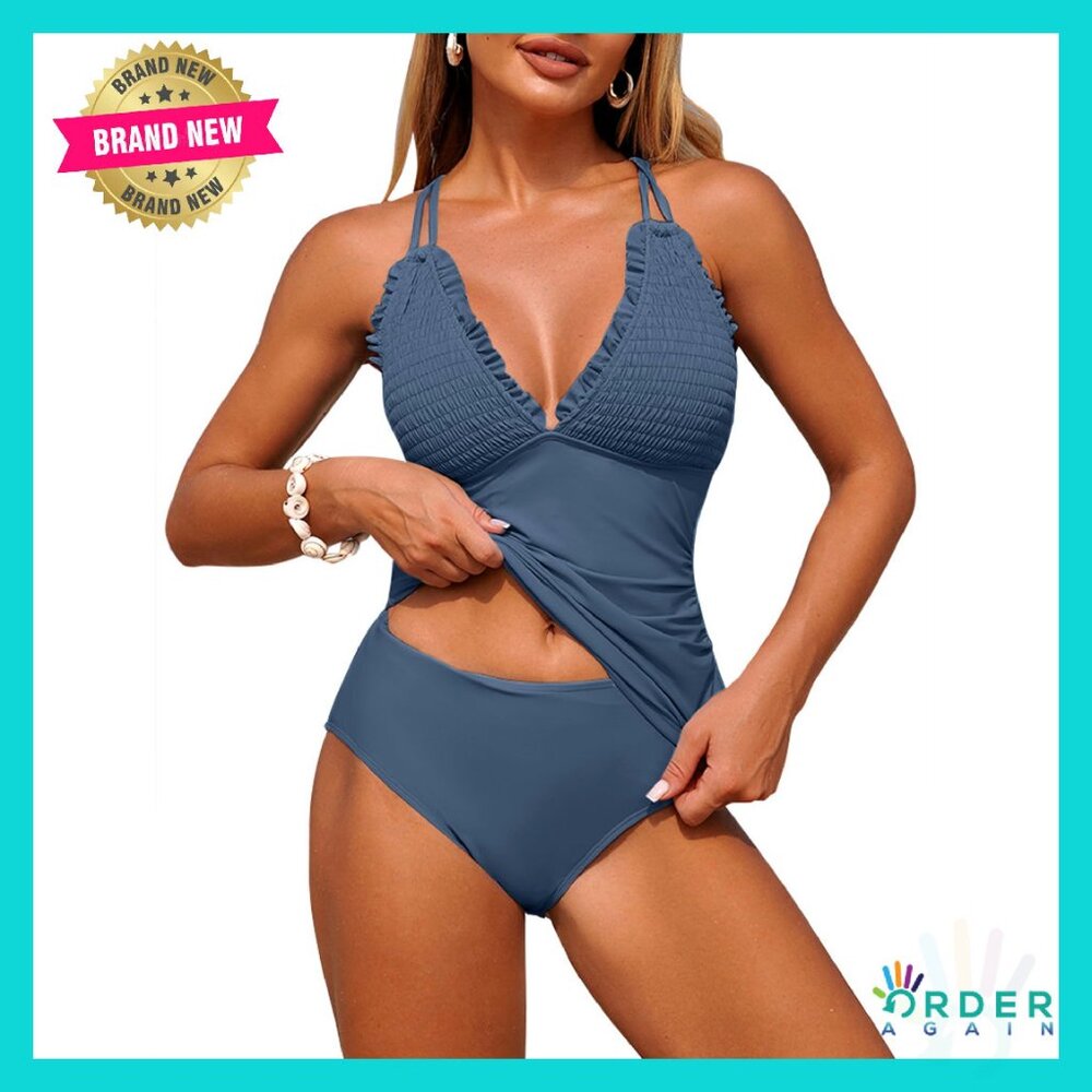 Tankini Swimsuit Set Smocked Tie Back Modest Chic Beach Vacation Wear